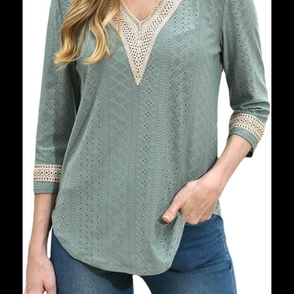 Women's Green V Neck 3/4 Sleeve Lace Detail Top Unbranded Size Large